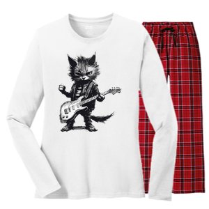 Rock And Roll Cat Guitar Women's Long Sleeve Flannel Pajama Set 