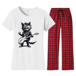 Rock And Roll Cat Guitar Women's Flannel Pajama Set