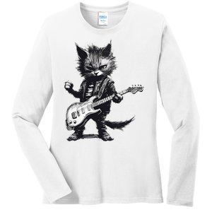 Rock And Roll Cat Guitar Ladies Long Sleeve Shirt