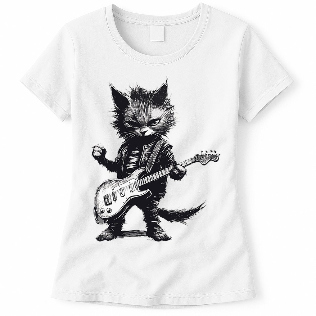 Rock And Roll Cat Guitar Womens T-Shirt