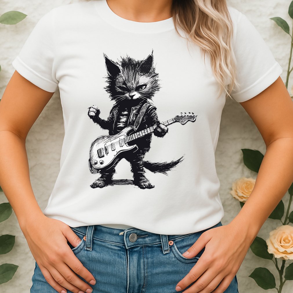 Rock And Roll Cat Guitar Womens T-Shirt