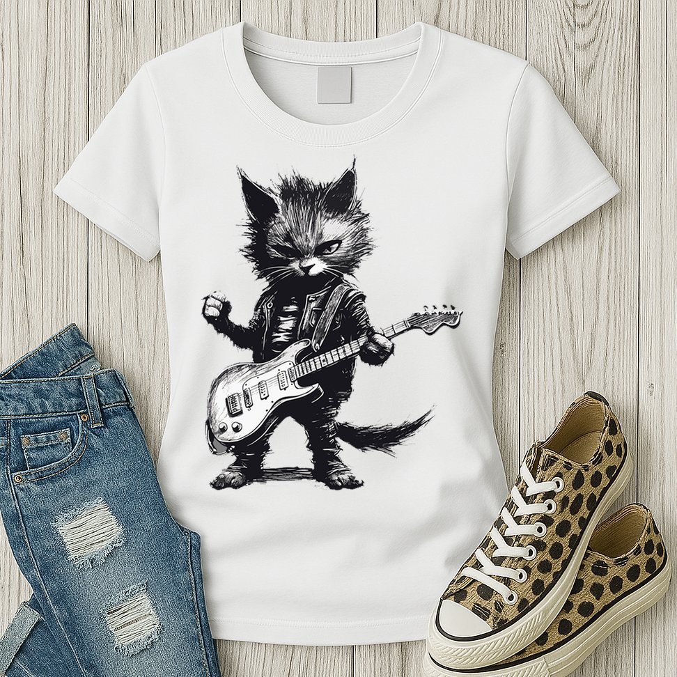 Rock And Roll Cat Guitar Womens T-Shirt