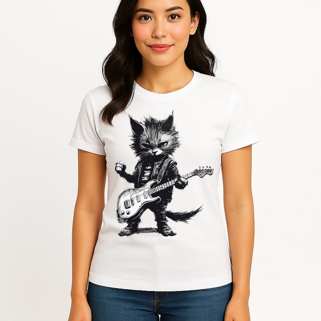 Rock And Roll Cat Guitar Womens T-Shirt