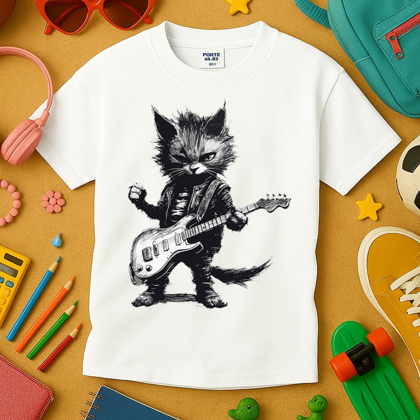 Rock And Roll Cat Guitar Kids T-Shirt
