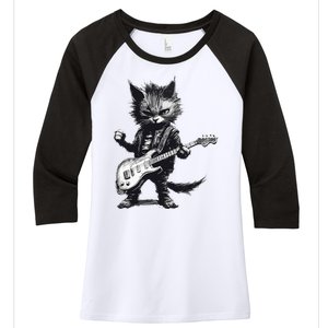 Rock And Roll Cat Guitar Women's Tri-Blend 3/4-Sleeve Raglan Shirt