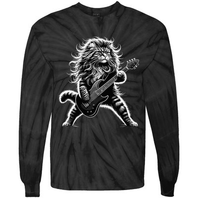 Rock And Roll Cat Playing Guitar Tie-Dye Long Sleeve Shirt