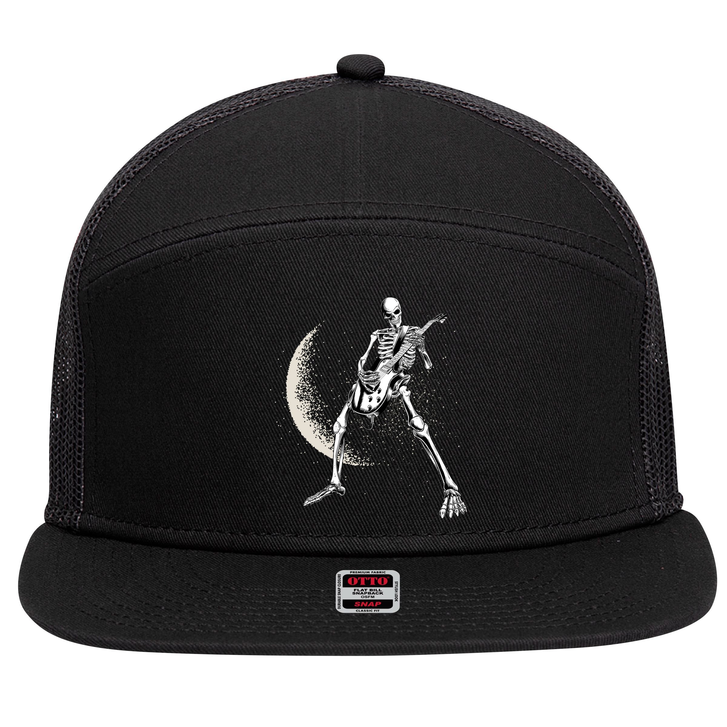 Rock And Roll Skeleton Moon Guitar 7 Panel Mesh Trucker Snapback Hat