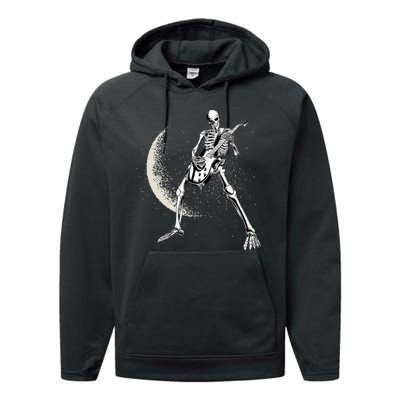 Rock And Roll Skeleton Moon Guitar Performance Fleece Hoodie