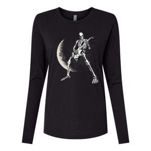 Rock And Roll Skeleton Moon Guitar Womens Cotton Relaxed Long Sleeve T-Shirt