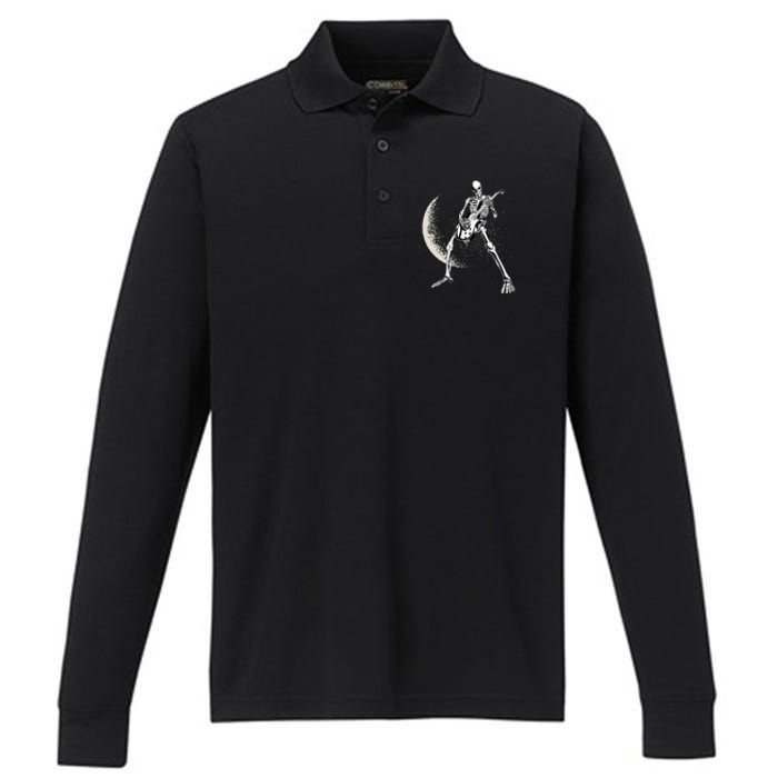 Rock And Roll Skeleton Moon Guitar Performance Long Sleeve Polo