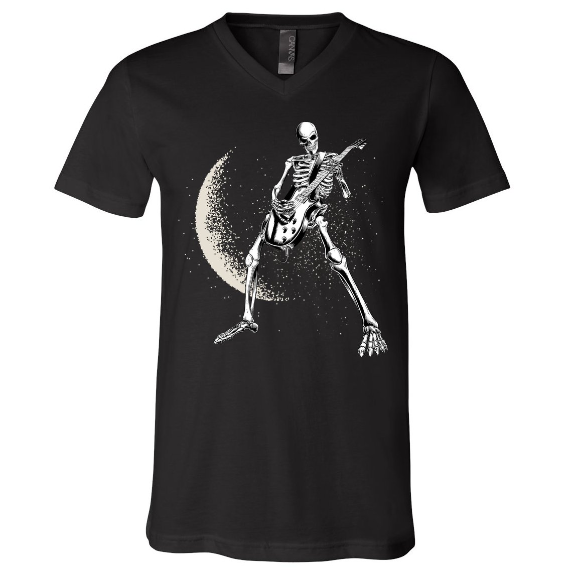 Rock And Roll Skeleton Moon Guitar V-Neck T-Shirt