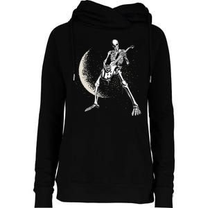 Rock And Roll Skeleton Moon Guitar Womens Funnel Neck Pullover Hood