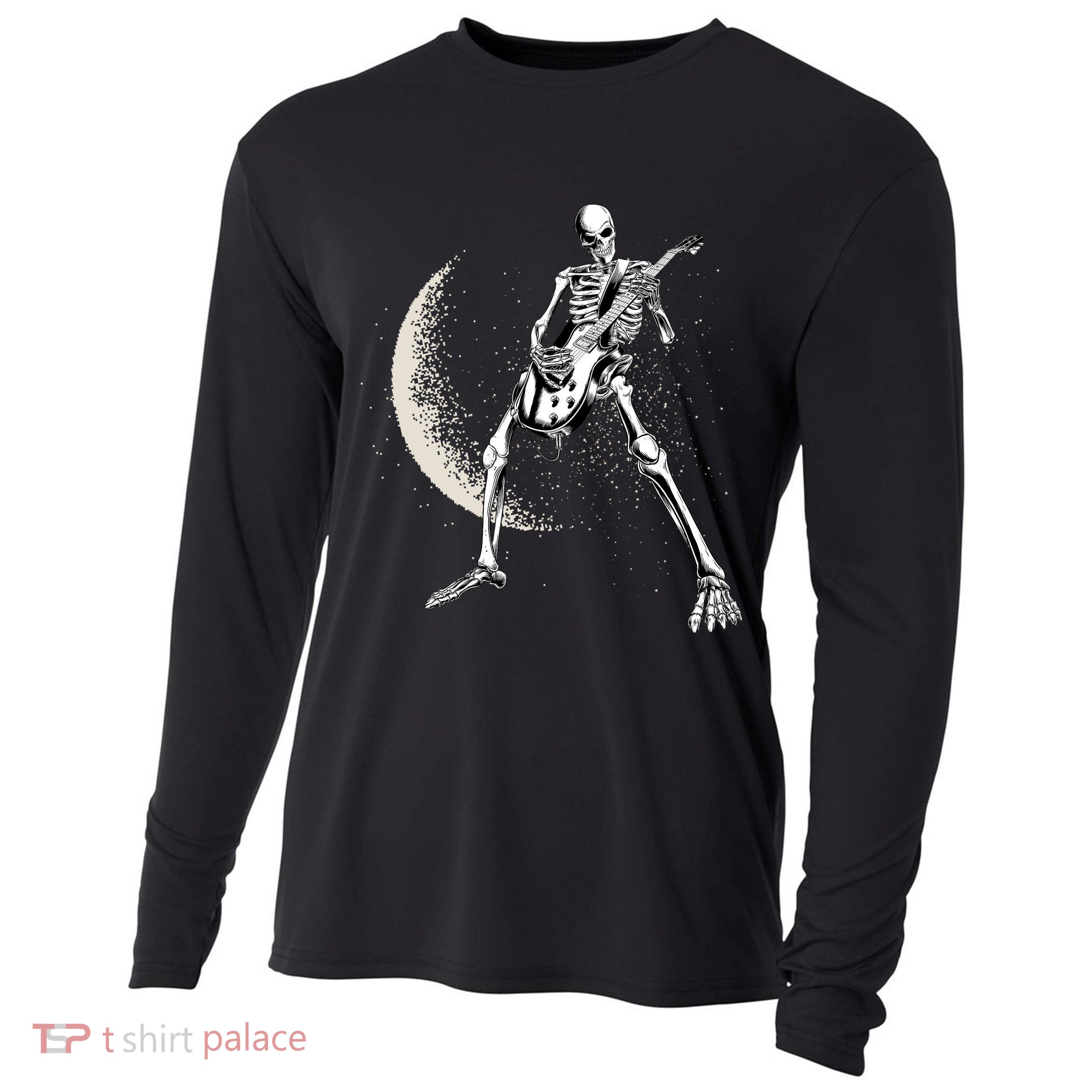 Rock And Roll Skeleton Moon Guitar Cooling Performance Long Sleeve Crew