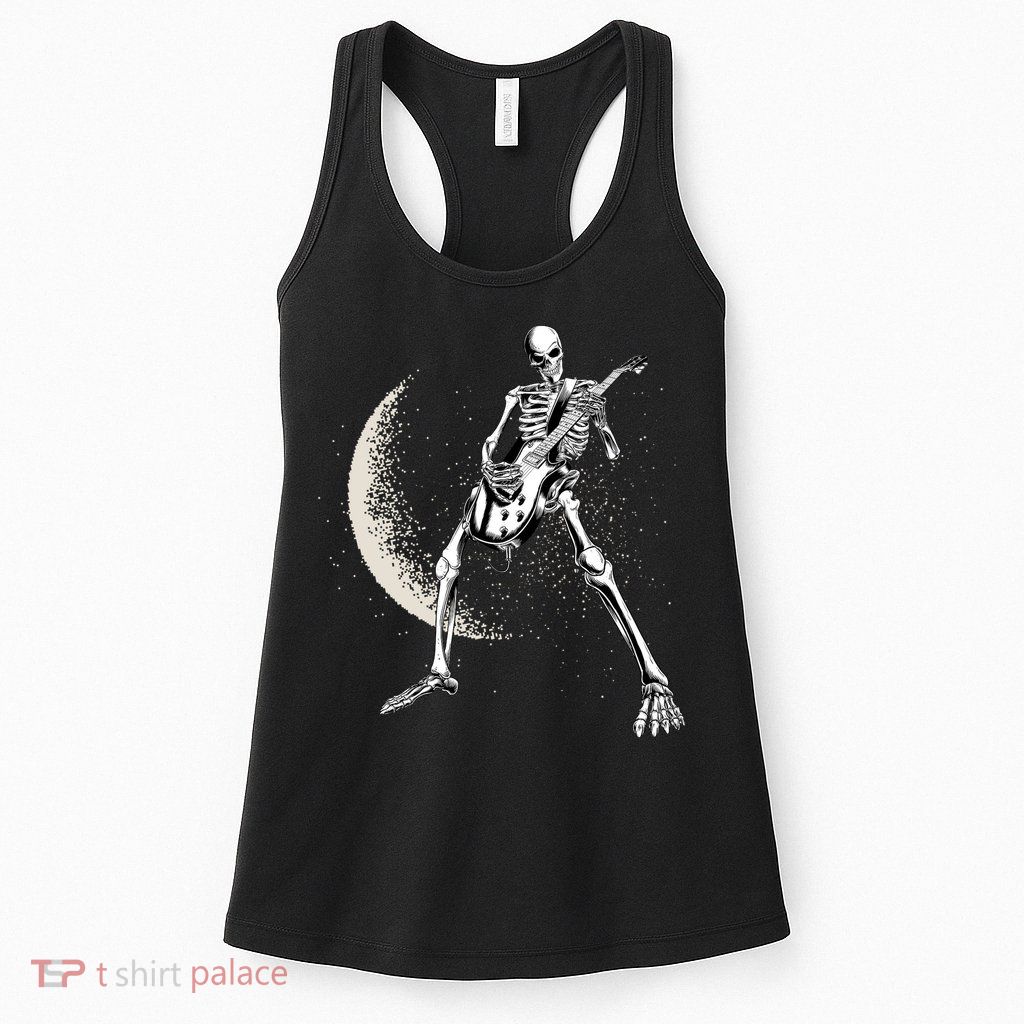 Rock And Roll Skeleton Moon Guitar Womens Tank Top