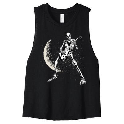 Rock And Roll Skeleton Moon Guitar Women's Racerback Cropped Tank