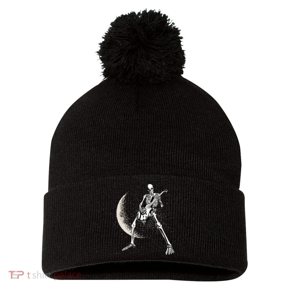 Rock And Roll Skeleton Moon Guitar Pom Pom 12in Knit Beanie