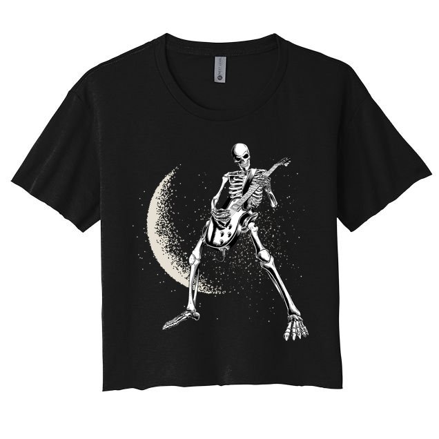 Rock And Roll Skeleton Moon Guitar Crop Top