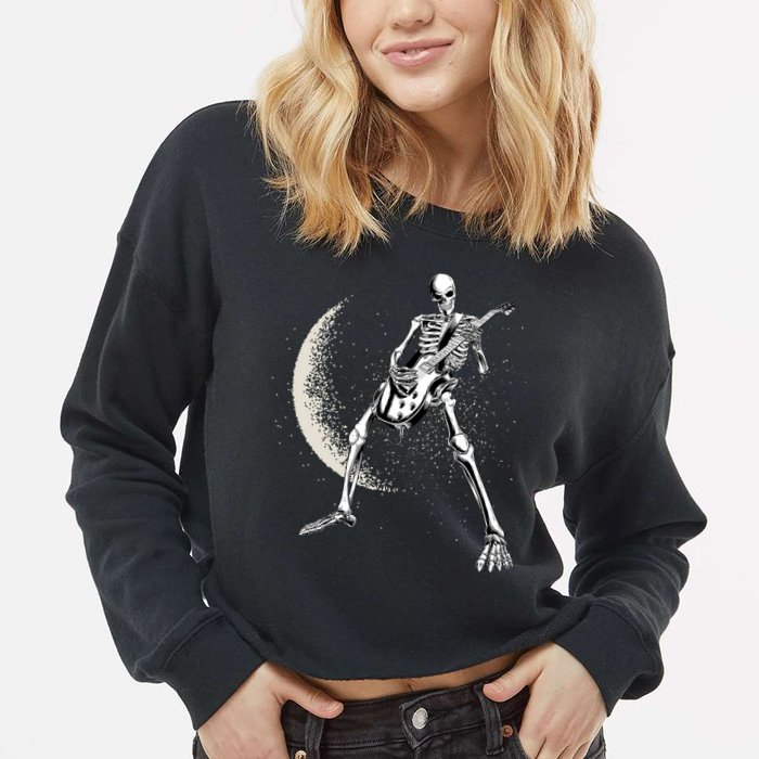 Rock And Roll Skeleton Moon Guitar Cropped Pullover Crew