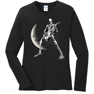 Rock And Roll Skeleton Moon Guitar Ladies Long Sleeve Shirt