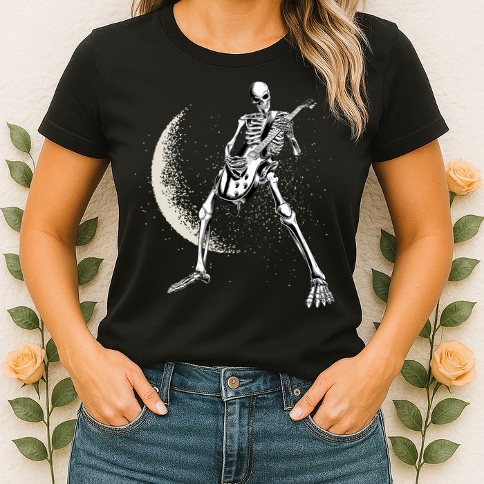 Rock And Roll Skeleton Moon Guitar Womens T-Shirt