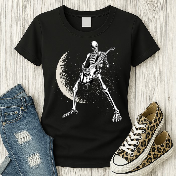 Rock And Roll Skeleton Moon Guitar Womens T-Shirt