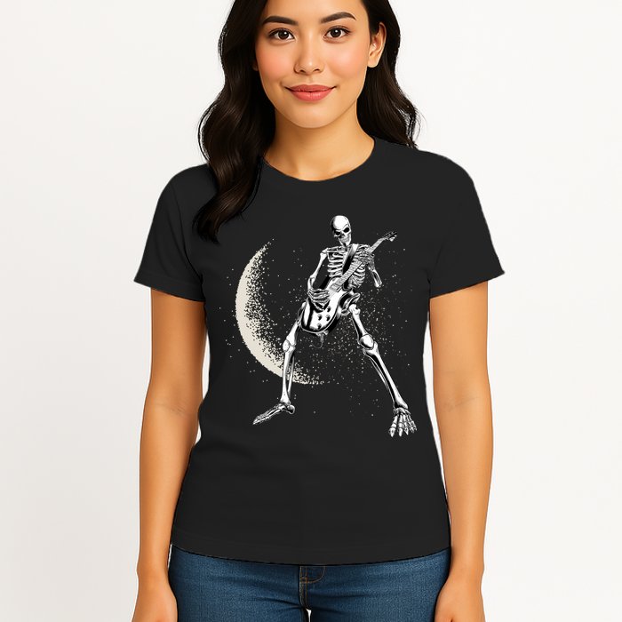 Rock And Roll Skeleton Moon Guitar Womens T-Shirt
