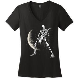 Rock And Roll Skeleton Moon Guitar Women's V-Neck T-Shirt