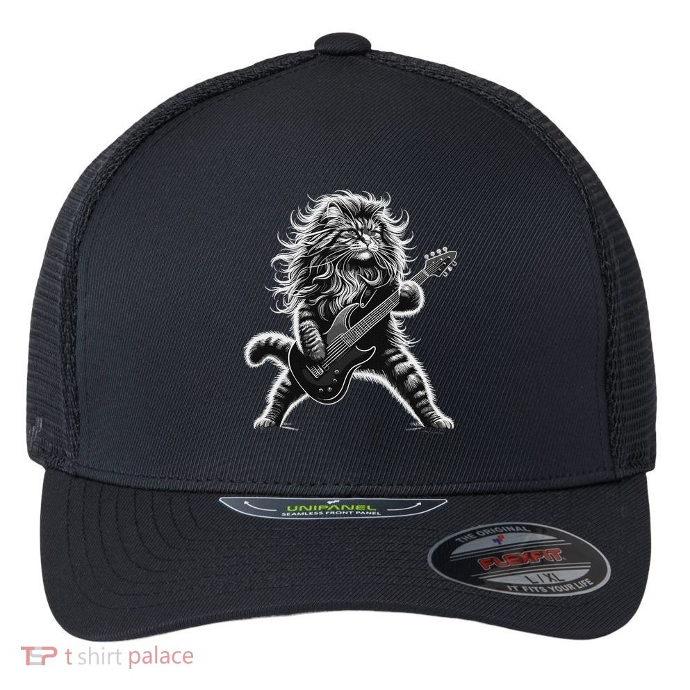 Rock And Roll Cat Playing Guitar Flexfit Unipanel Trucker Cap