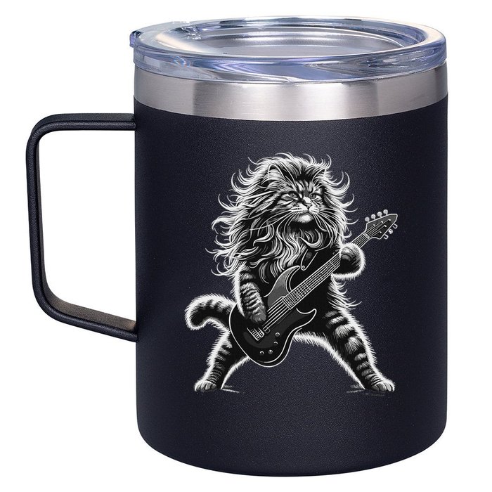 Rock And Roll Cat Playing Guitar 12oz Stainless Steel Coffee Mug