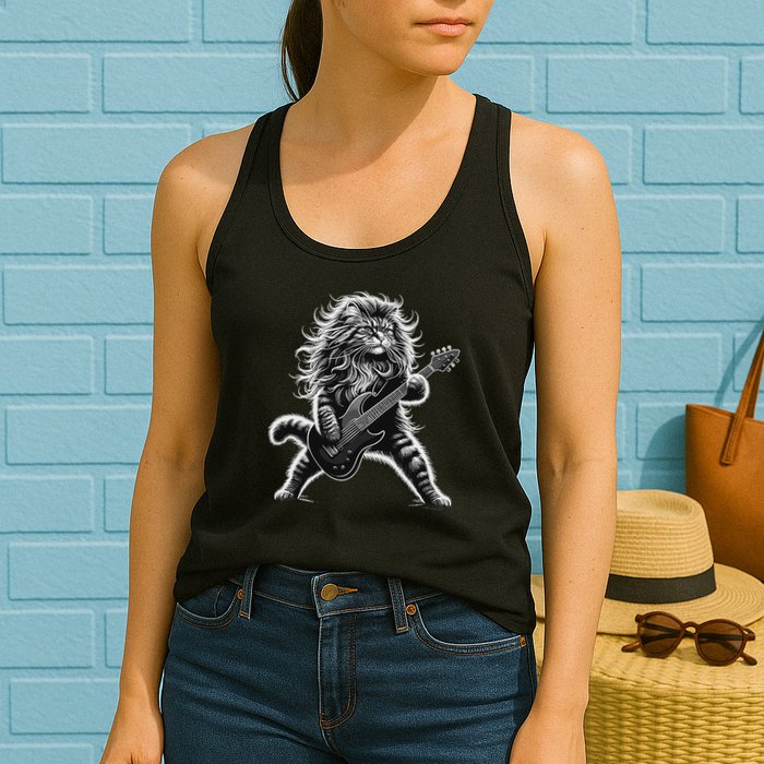 Rock And Roll Cat Playing Guitar Womens Tank Top