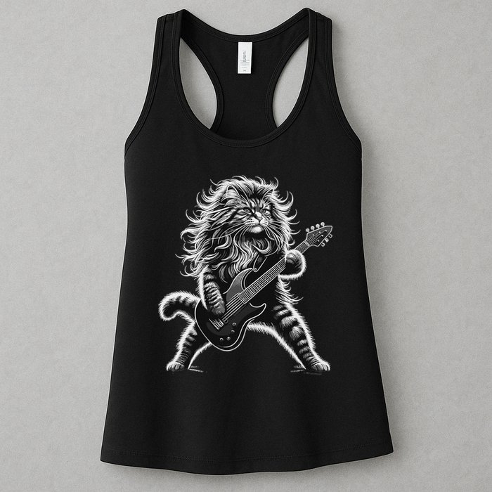 Rock And Roll Cat Playing Guitar Womens Tank Top