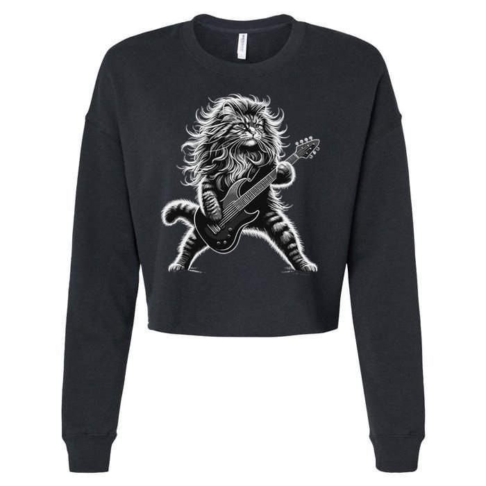 Rock And Roll Cat Playing Guitar Cropped Pullover Crew
