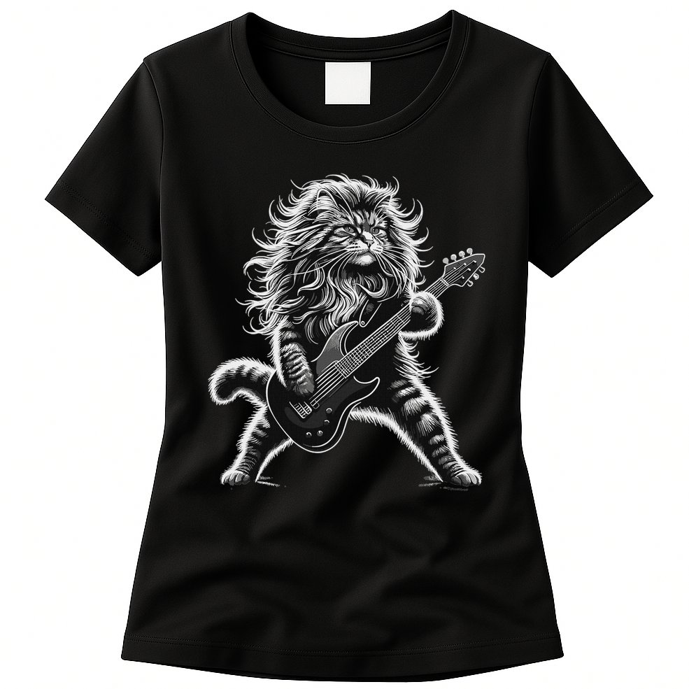 Rock And Roll Cat Playing Guitar Womens T-Shirt