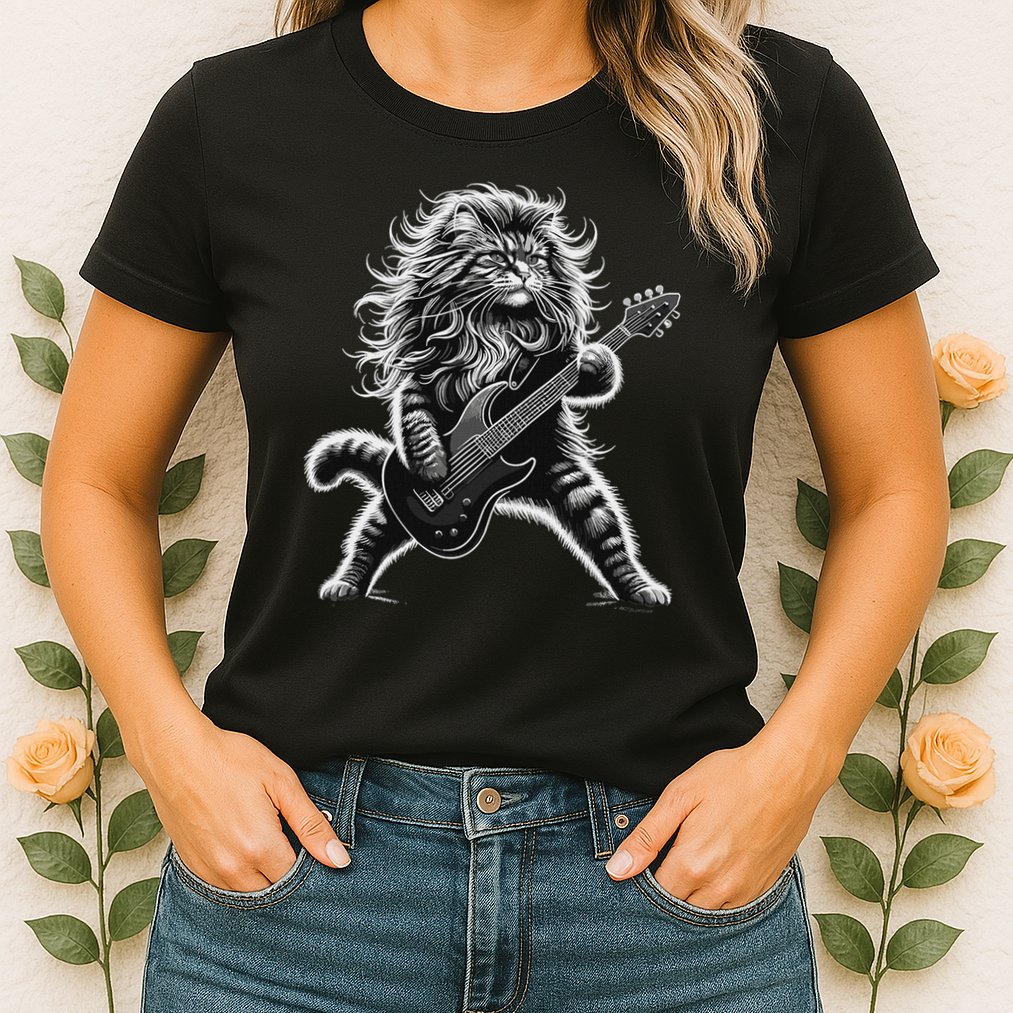 Rock And Roll Cat Playing Guitar Womens T-Shirt