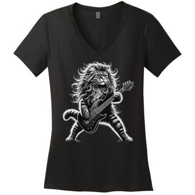 Rock And Roll Cat Playing Guitar Women's V-Neck T-Shirt