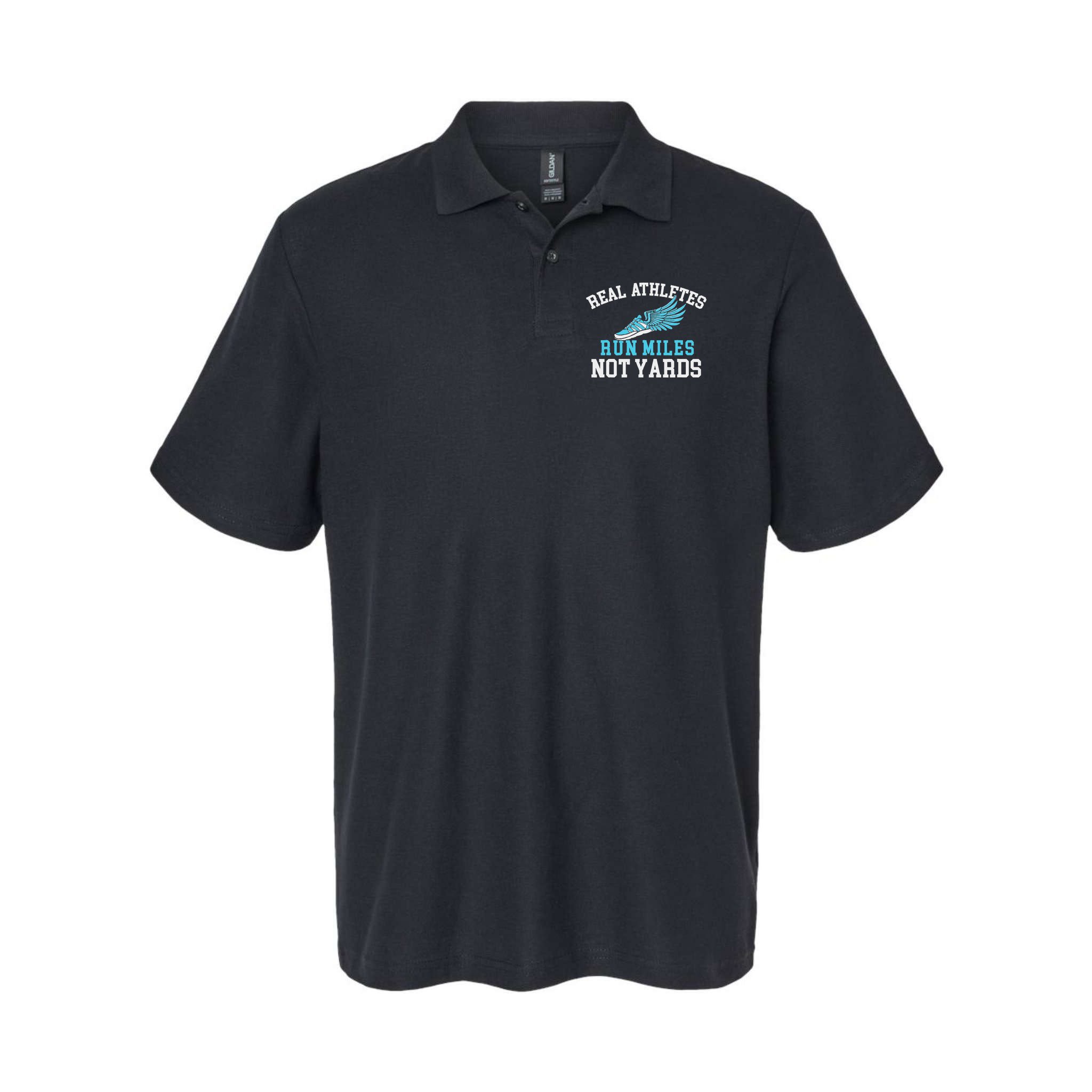 Real Athletes Run Miles Not Yards Running Marathon Runner Polo