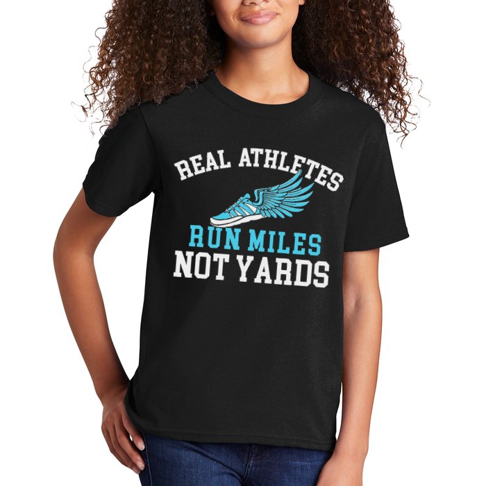Real Athletes Run Miles Not Yards Running Marathon Runner Kids T-Shirt