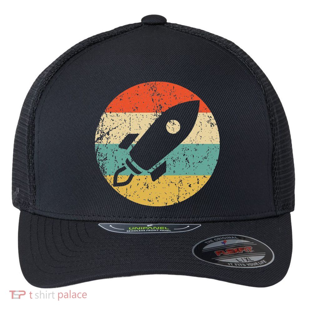 Retro Astronaut Rocket Vintage Space Ship Video Game Flexfit Unipanel Trucker Cap