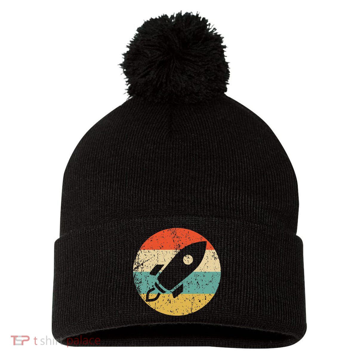 Retro Astronaut Rocket Vintage Space Ship Video Game Pom Pom 12in Knit Beanie