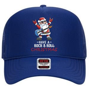 Rock And Roll Guitar Santa Christmas Rock Music Lover Gift High Crown Mesh Back Trucker Hat