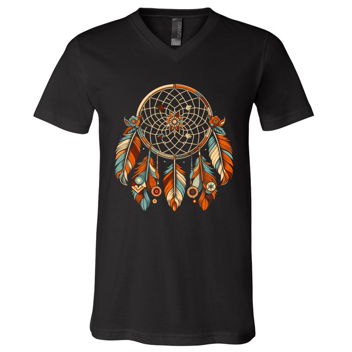 Retro Art Style Christmas Cool Dreamcatcher Symbol V-Neck T-Shirt