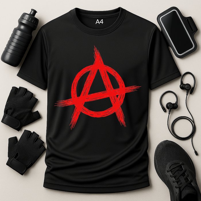 Red Anarchist Symbol Distressed Political Anarchy Rock Star Cooling Performance Crew T-Shirt