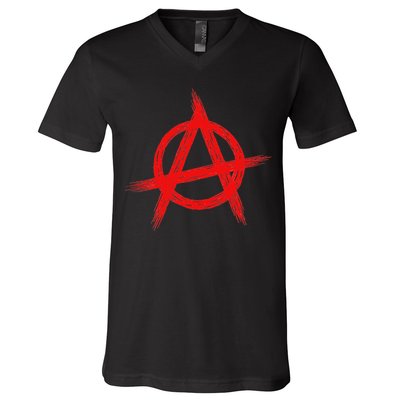 Red Anarchist Symbol Distressed Political Anarchy Rock Star V-Neck T-Shirt