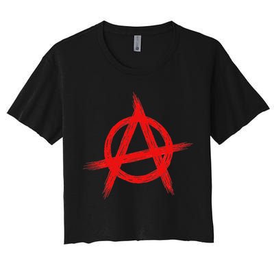 Red Anarchist Symbol Distressed Political Anarchy Rock Star Women's Crop Top Tee