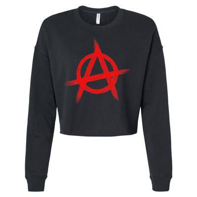 Red Anarchist Symbol Distressed Political Anarchy Rock Star Cropped Pullover Crew