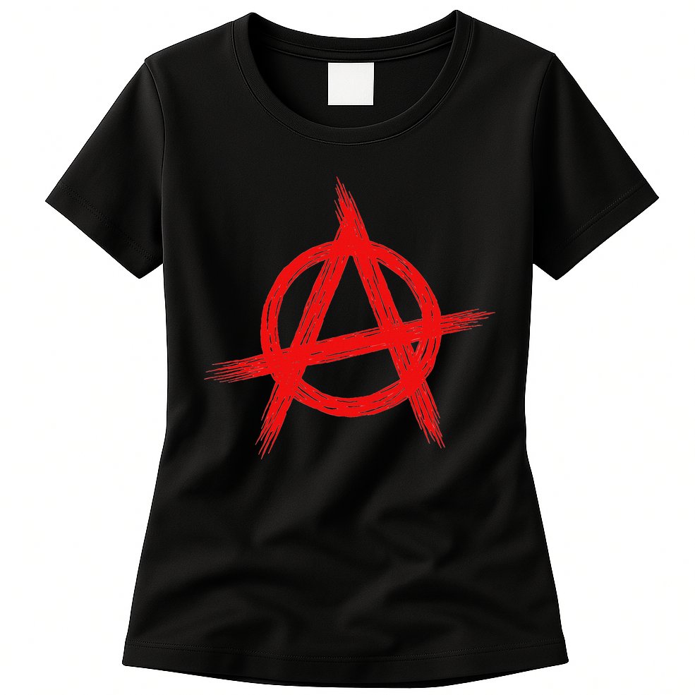 Red Anarchist Symbol Distressed Political Anarchy Rock Star Womens T-Shirt
