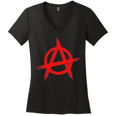Red Anarchist Symbol Distressed Political Anarchy Rock Star Women's V-Neck T-Shirt