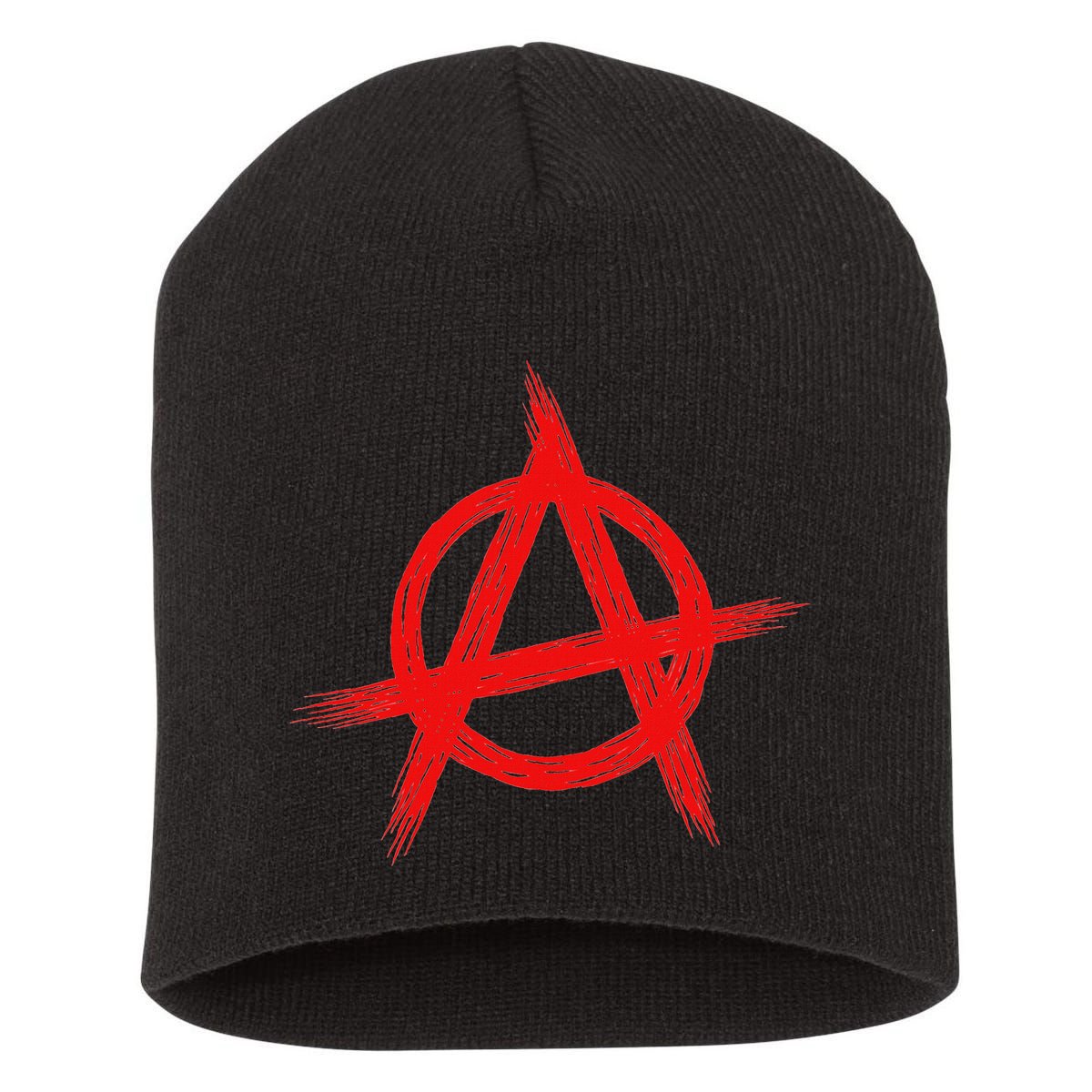 Red Anarchist Symbol Distressed Political Anarchy Rock Star Short Acrylic Beanie