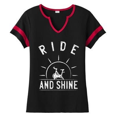 Ride And Shine Funny Indoor Spinning Spin Class Workout Gym Ladies Halftime Notch Neck Tee