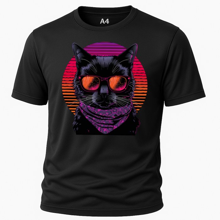 Retro Aesthetic Sunset Feline for Cat Lovers Cooling Performance Crew T-Shirt